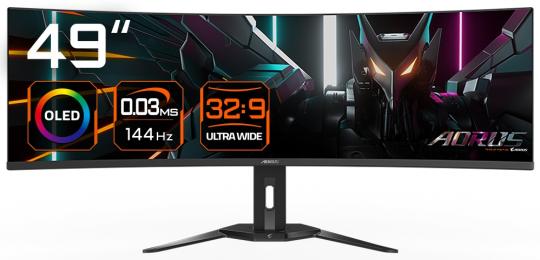 Монитор 49" Gigabyte AORUS CO49DQ-EK QD-OLED 5120x1440, 144 Гц, 0.03 мс, 32:9, 250 кд/м², 2xHDMI 2.1, DP 1.4, USB-C (18 Вт), 3.5 Jack, USB Hub (3x USB 3.2), динамики (2x5 Вт), HDR10, изогнутый экран (1800R), черный