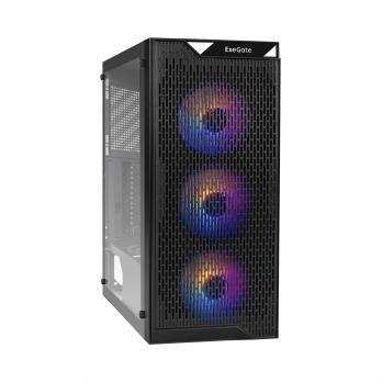 Компьютерный корпус Miditower ExeGate EVO-5001A (ATX, без БП, 2хUSB+1хUSB 3.0+HD Audio, черный, 3 вент.12см с RGb подсветкой, боковая панель - закаленное стекло)