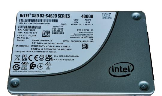 Накопитель SSD Intel D3-S4520, 480Gb, SATA III, 2.5", 3D TLC, R/W 550/460